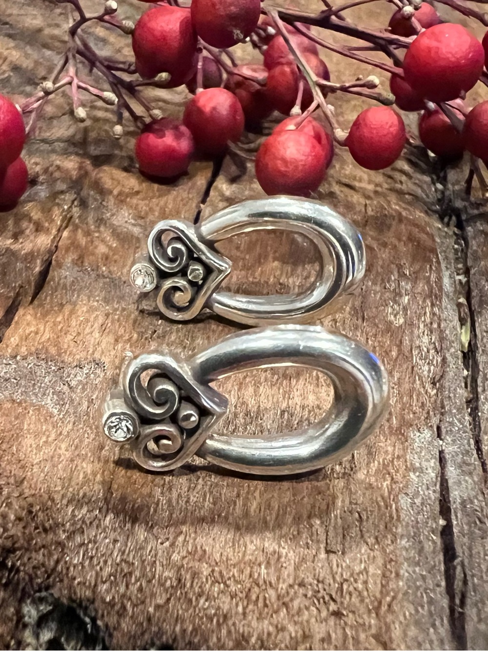 Brighton Chandler Heart Earrings Drop Swirl Fine Silver .999 Plated Drop Crystal